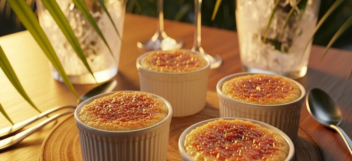 Close-up de cocada cremosa dourada com crosta caramelizada e fios de coco, servida quente — sobremesa brasileira irresistível para ceia de fim de ano 2026.