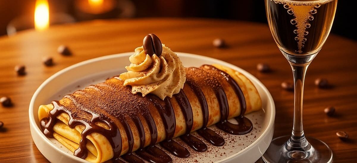 Crepe belga recheada com chocolate derretido e café forte, servida com cacau em pó — doce refinado
