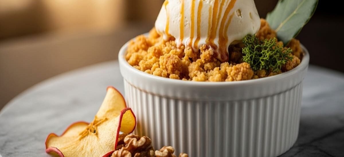 Taça de crumble de maçã com crocante de nozes e bola de sorvete de baunilha — sobremesa reconfortante