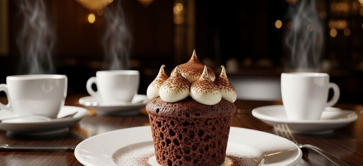 Cupcakes de café decorados com creme de mascarpone e cacau em pó — sobremesa elegante e aromática