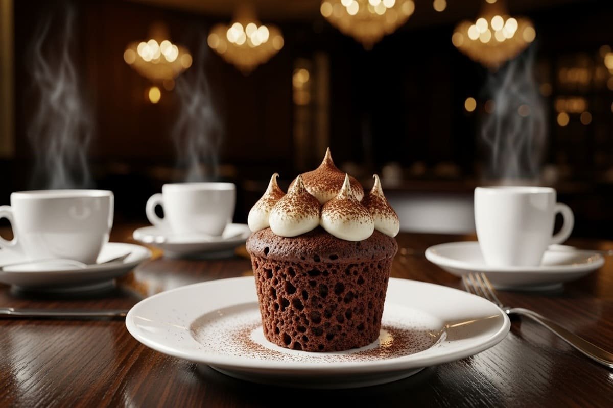 Cupcakes de café decorados com creme de mascarpone e cacau em pó — sobremesa elegante e aromática