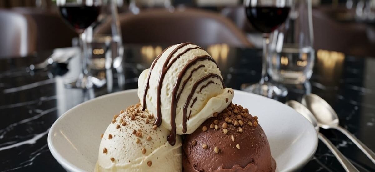 Close-up de porção de gelato grano saraceno cremoso com camadas tostadas e chocolate Madong 70% derretendo — sobremesa italiana para praia.