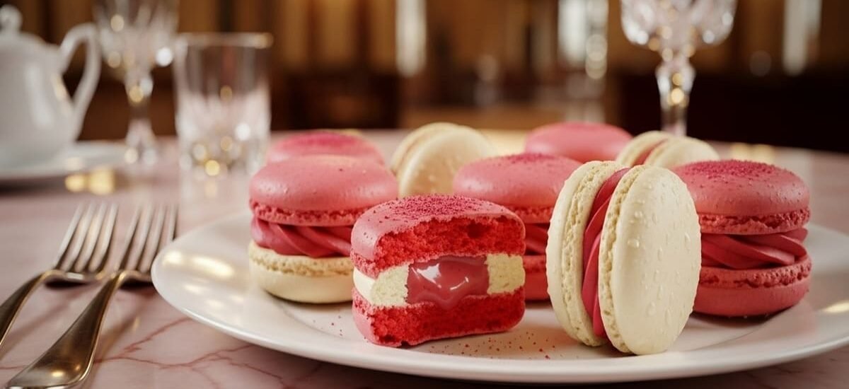 Macarons de framboesa com recheio de ganache branco — doce francês elegante e colorido