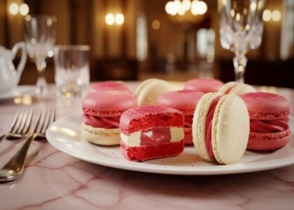 Macarons de framboesa com recheio de ganache branco — doce francês elegante e colorido