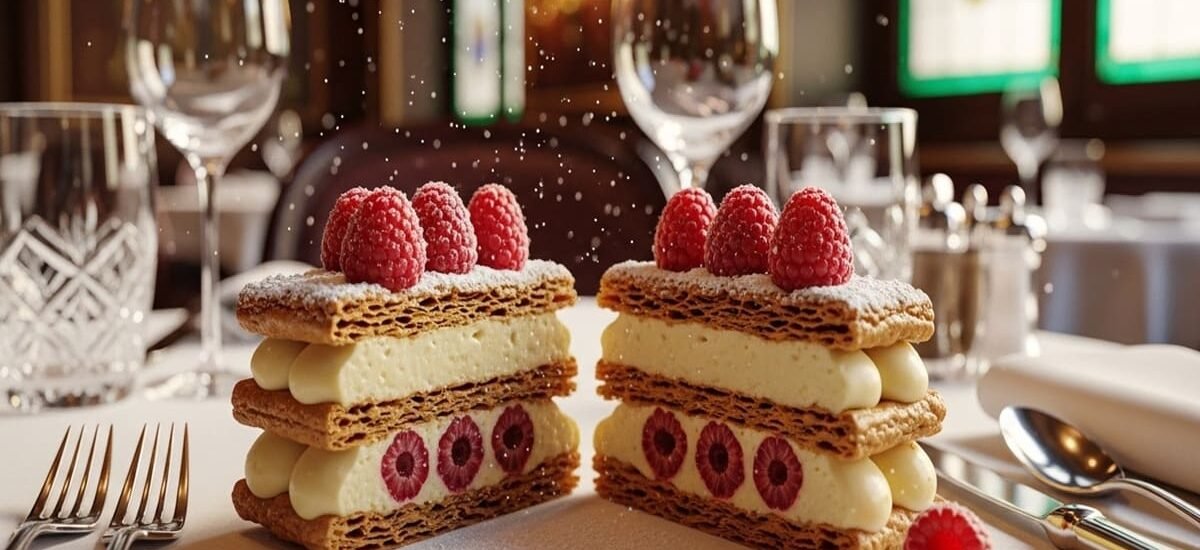 Mille-feuille clássico com creme de baunilha e frutas vermelhas frescas, polvilhado com açúcar de confeiteiro
