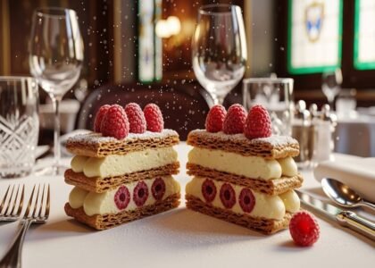 Mille-feuille clássico com creme de baunilha e frutas vermelhas frescas, polvilhado com açúcar de confeiteiro