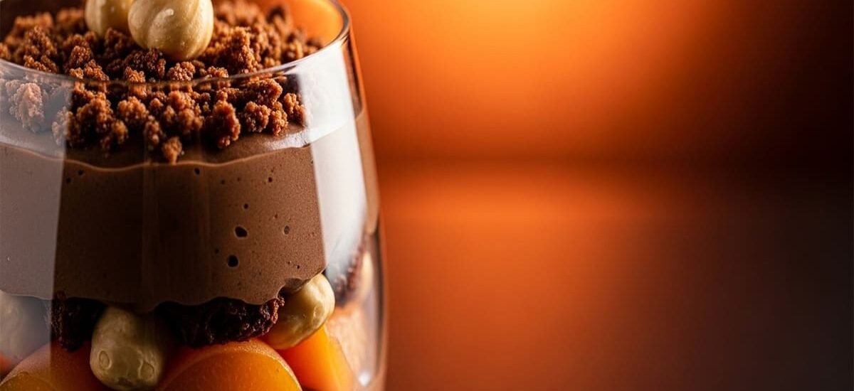 Taça de mousse de chocolate amargo com damasco e crocante de avelã — sobremesa gourmet