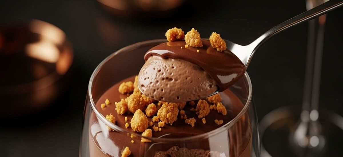 Taça de mousse de chocolate amargo com laranja, cobertura de crocante de avelã — doce gourmet com textura