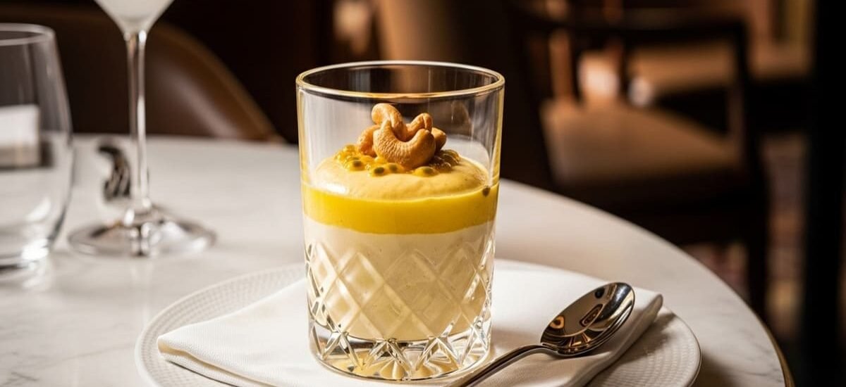 Sobremesa de mousse de maracujá aerada com crocante de castanha em taça de vidro — receita leve e fácil.