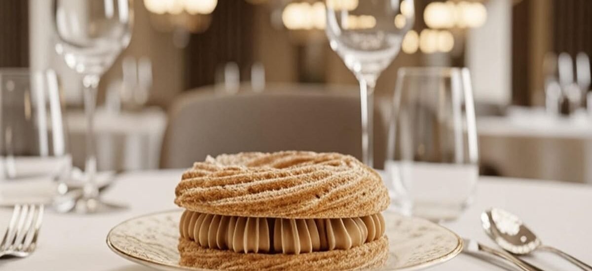 Close-up de Paris-Brest de avelã em rodelas crocantes com recheio praliné cremoso e avelãs torradas — sobremesa sofisticada francesa para festas de fim de ano.