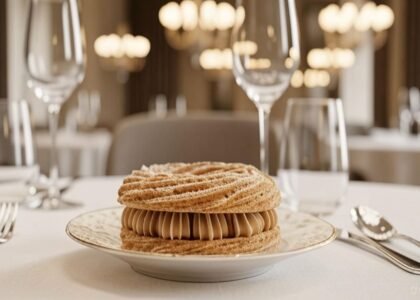 Close-up de Paris-Brest de avelã em rodelas crocantes com recheio praliné cremoso e avelãs torradas — sobremesa sofisticada francesa para festas de fim de ano.