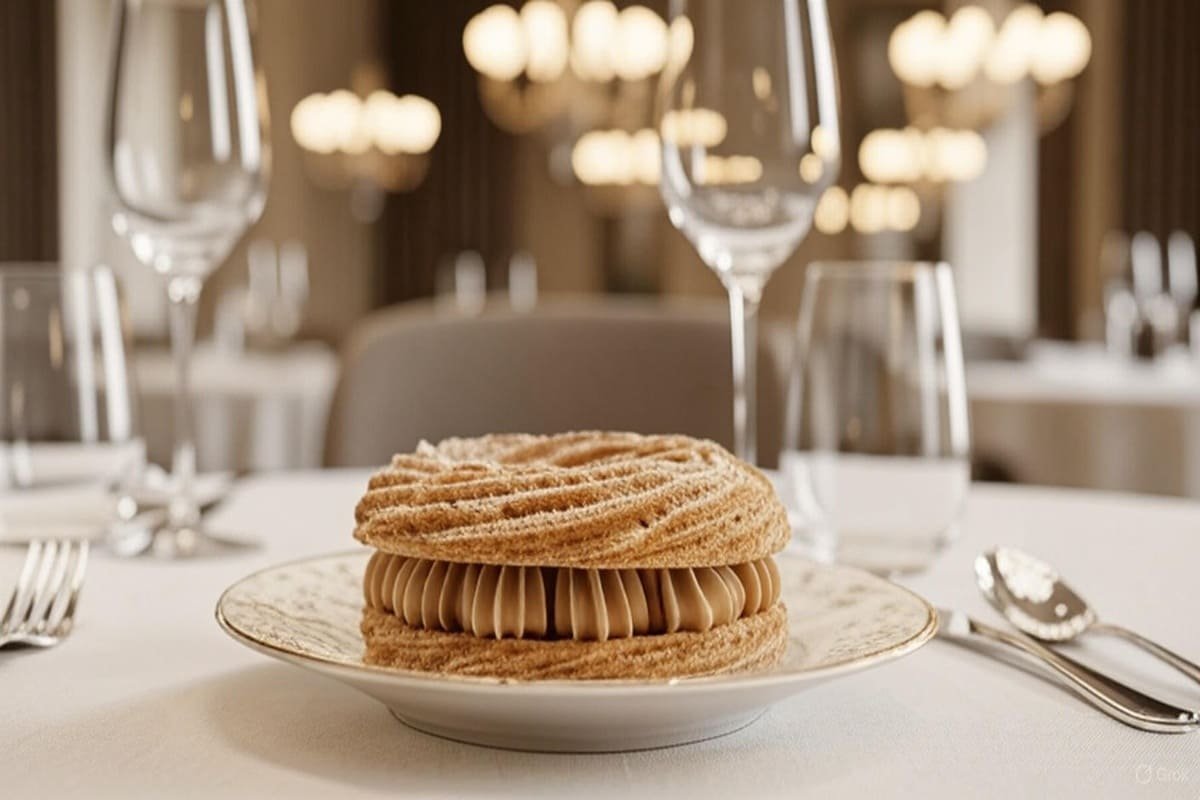 Close-up de Paris-Brest de avelã em rodelas crocantes com recheio praliné cremoso e avelãs torradas — sobremesa sofisticada francesa para festas de fim de ano.