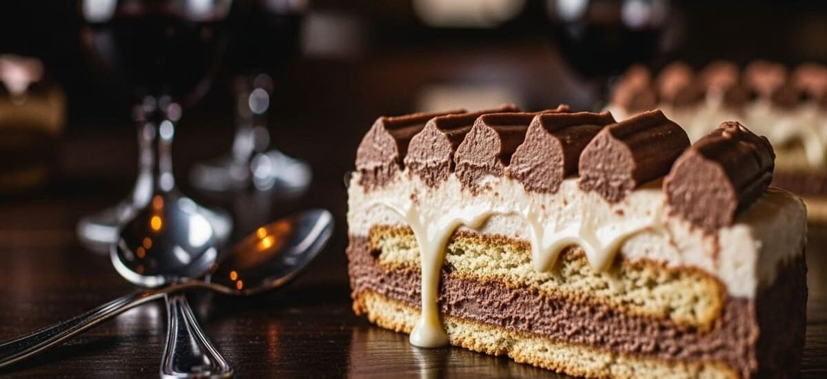 Close-up de fatia de pavê de amendoim com camadas cremosas de creme torrado e chocolate derretendo, bolachas umedecidas visíveis — sobremesa clássica para churrasco de novembro 2025.