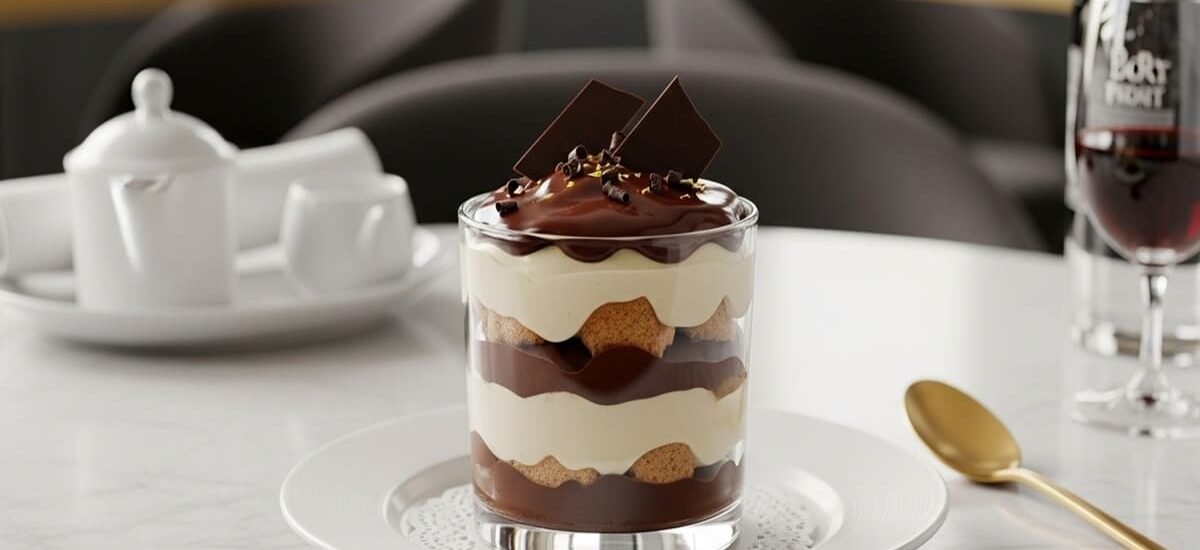 Pavê brigadeirão cremoso servido em taça com camadas visíveis de chocolate, bolacha e ganache brilhante — sobremesa gelada gourmet.