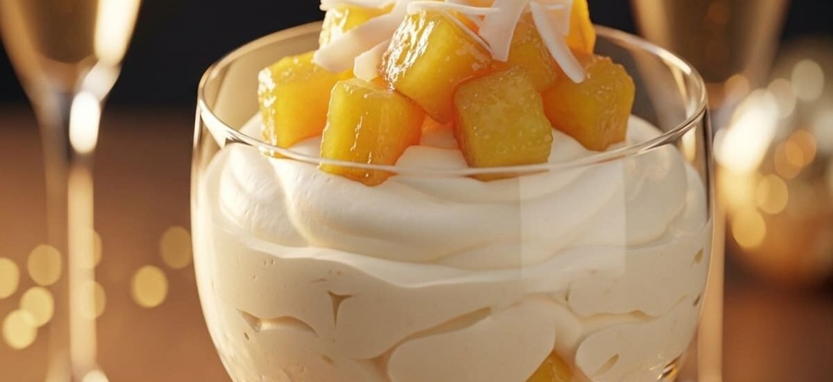 Pavê tropical de abacaxi com coco ralado servido em copo transparente — sobremesa festiva de fim de ano