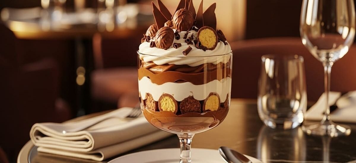 Pavê de Sonho de Valsa cremoso servido em taça de vidro — camadas de chocolate e bombom Sonho de Valsa.