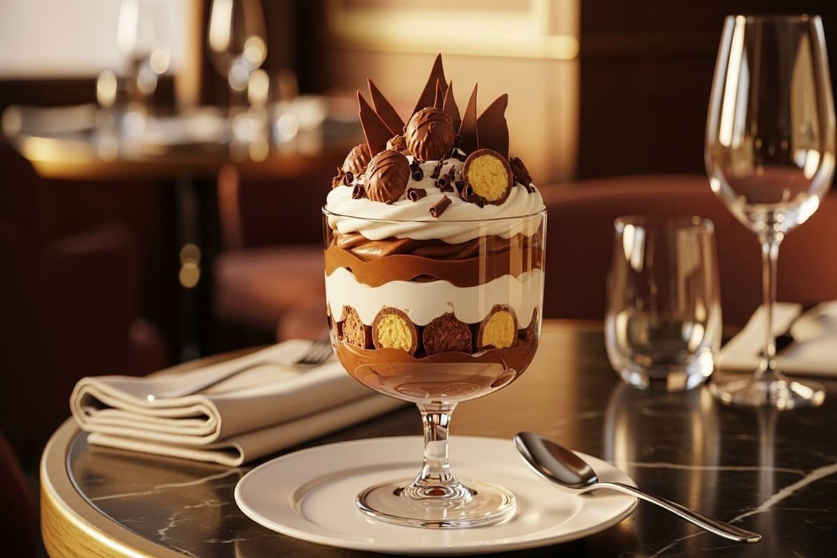Pavê de Sonho de Valsa cremoso servido em taça de vidro — camadas de chocolate e bombom Sonho de Valsa.