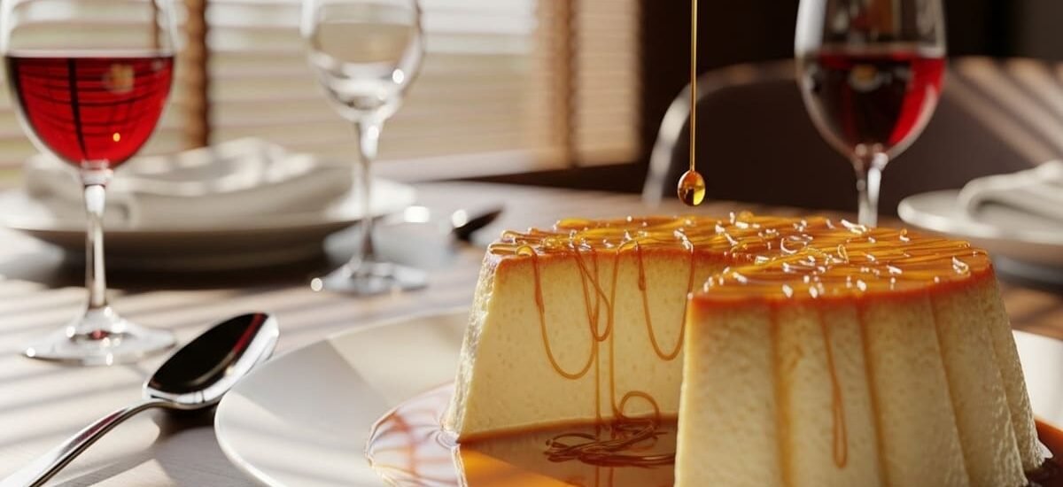 Pudim de leite condensado com calda de caramelo dourada sobre prato branco — sobremesa tradicional brasileira