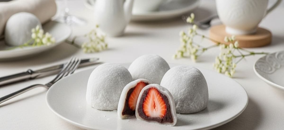 Detalhe do recheio de anko (feijão vermelho) no Daifuku Mochi japonês. Textura macia do mochi caseiro polvilhado com amido de milho.