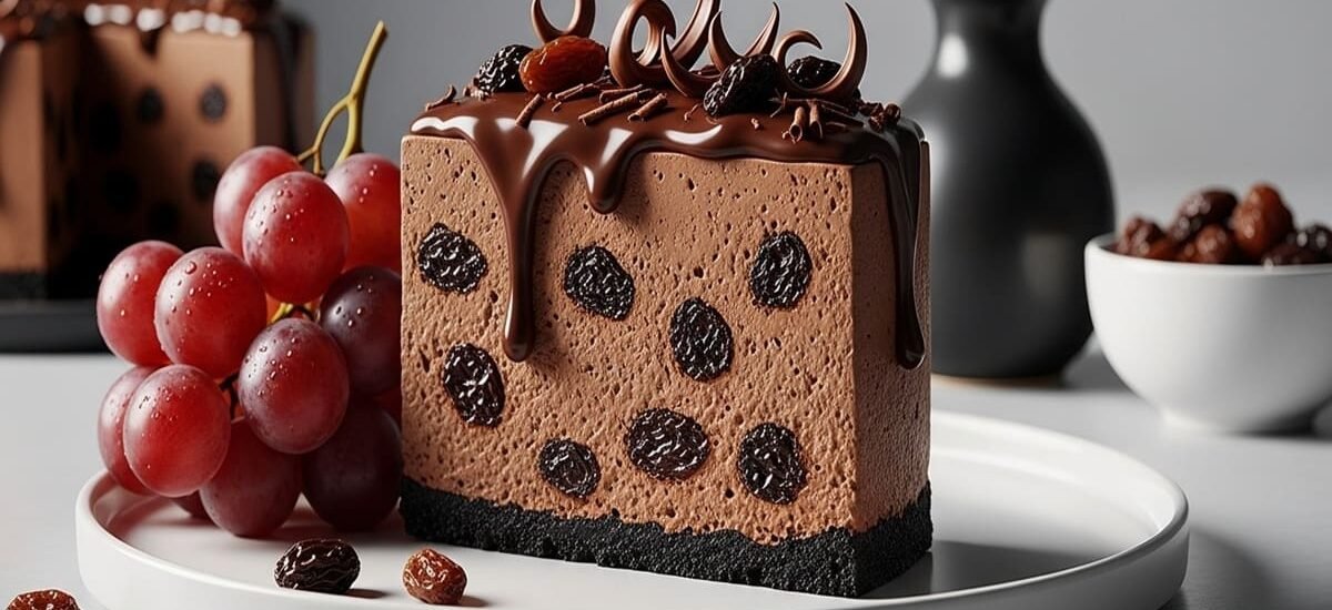 Taça de semifreddo de chocolate amargo com uvas-passas ao rum e raspas de chocolate — doce gourmet gelado