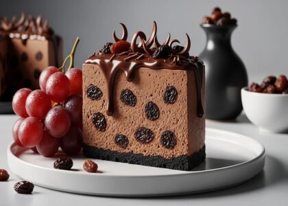 Taça de semifreddo de chocolate amargo com uvas-passas ao rum e raspas de chocolate — doce gourmet gelado