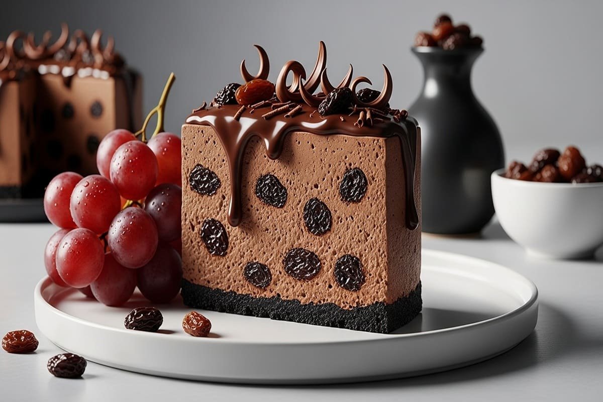 Taça de semifreddo de chocolate amargo com uvas-passas ao rum e raspas de chocolate — doce gourmet gelado