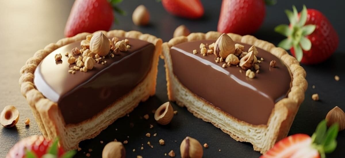 Tartelete folhada servida, recheada com chocolate, morango e avelã, final com pimenta-rosa — sobremesa gourmet