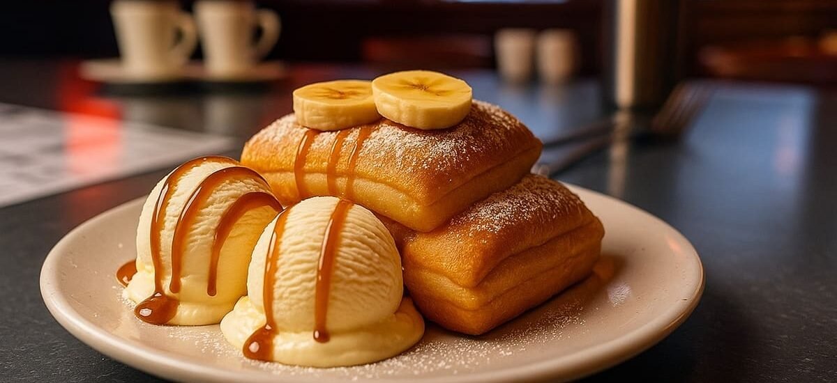 Torta de banana frita dourada e crocante, servida em prato branco com recheio cremoso de banana
