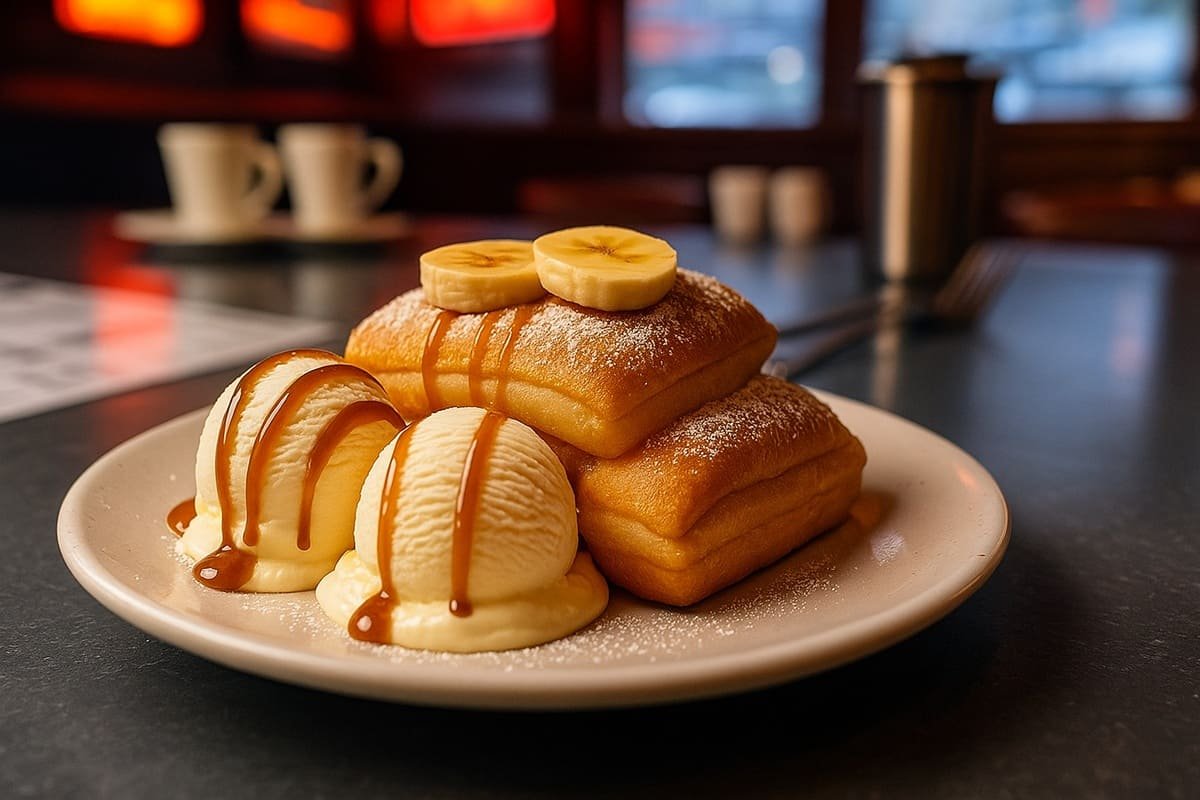Torta de banana frita dourada e crocante, servida em prato branco com recheio cremoso de banana