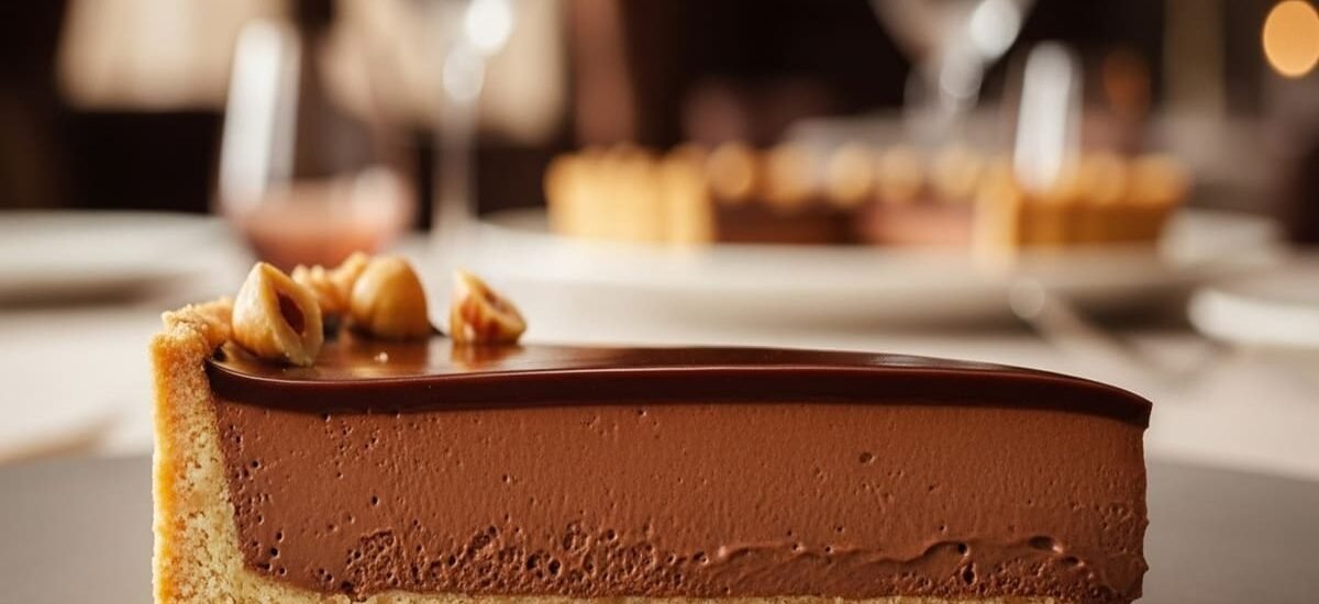 Fatia de torta de chocolate com ganache espelhada e base de avelã dourada — sobremesa elegante e sofisticada.