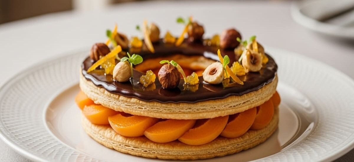 Fatia de torta folhada com damascos, chocolate meio-amargo e avelãs — sobremesa elegante com detalhe cítrico