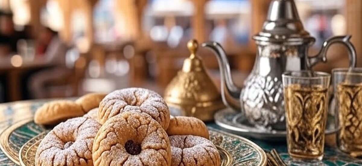 Close-up de makroud el louse dourado com crosta de açúcar e aroma de flor de laranjeira, arrumado em prato exótico — sobremesa árabe sem glúten para festas de novembro.