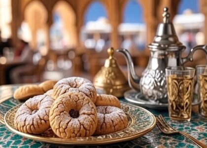 Close-up de makroud el louse dourado com crosta de açúcar e aroma de flor de laranjeira, arrumado em prato exótico — sobremesa árabe sem glúten para festas de novembro.
