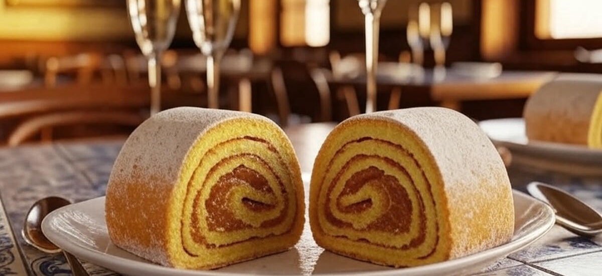 Bolo de rolo pernambucano com camadas de goiabada sobre prato branco