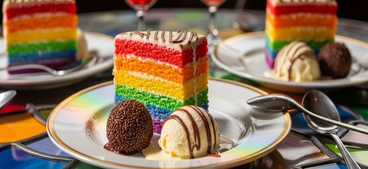 Fatias de Rainbow Cake colorido em camadas vibrantes (vermelho a roxo), coberto por brigadeiro belga brilhante e bola de sorvete de cookies & cream cremoso com pedaços de biscoito — receita festiva para 12 porções em 4h45min.