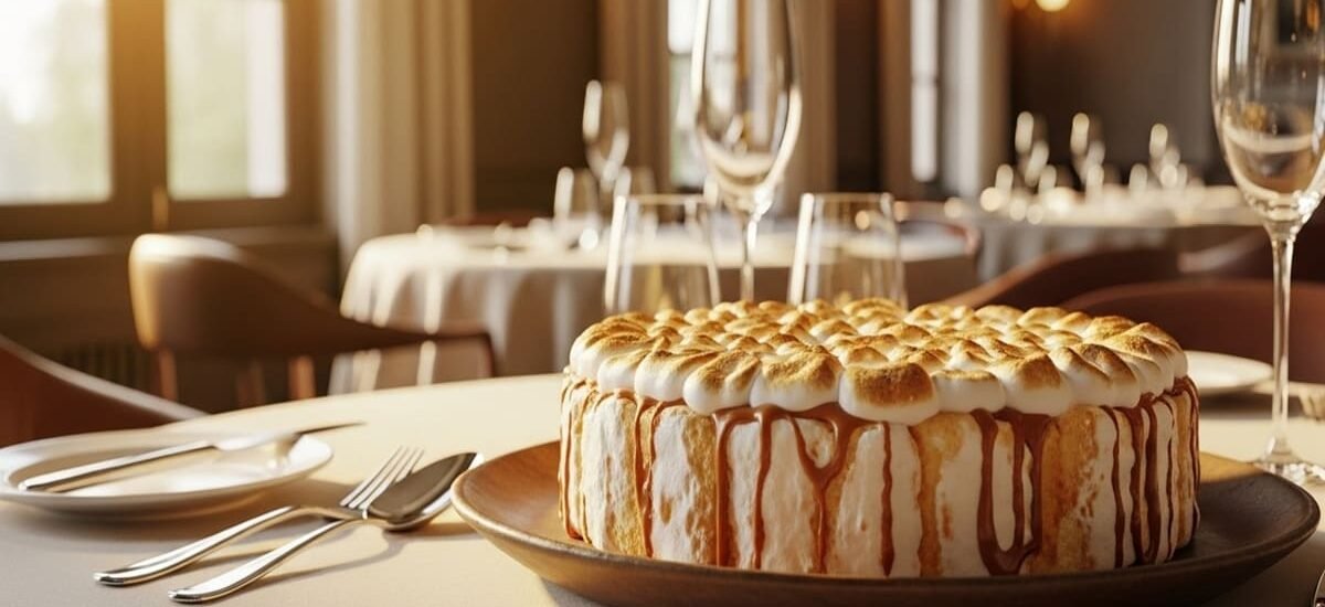 Torta Nolita com camadas de pão-de-ló fofo, creme de coco cremoso, doce de leite caramelizado e marshmallow tostado dourado com picos crocantes. Fundo clean tropical — receita brasileira para 10 porções em 1h15min.