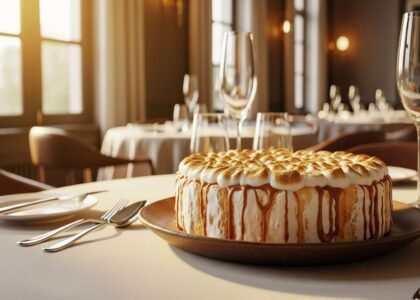 Torta Nolita com camadas de pão-de-ló fofo, creme de coco cremoso, doce de leite caramelizado e marshmallow tostado dourado com picos crocantes. Fundo clean tropical — receita brasileira para 10 porções em 1h15min.