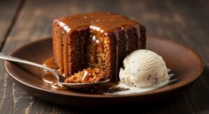 Pedaço de Sticky Toffee Pudding regado com molho de caramelo salgado escorrendo e vapor