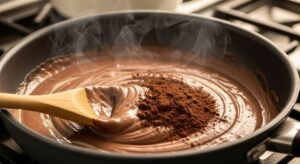 Creme de chocolate engrossando na panela para Pavê Sonho de Valsa com leite condensado e chocolate em pó