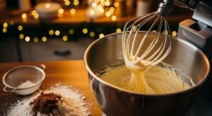 Ovos e açúcar sendo batidos até ponto de fita para genoise de Bûche de Noël de chocolate