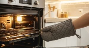 Forno pré-aquecido a 180°C para Sticky Toffee Pudding – mão ajustando grade com luva térmica