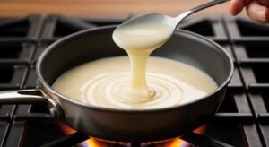 Creme branco de leite condensado engrossando para contraste no Pavê Sonho de Valsa