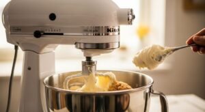 Batedeira cremando manteiga e açúcar mascavo até ficar fofo e claro para Sticky Toffee Pudding