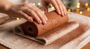 Rocambole de chocolate sendo enrolado ainda quente com pano úmido para Bûche de Noël