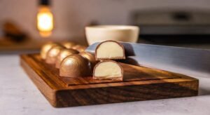 Bombons Sonho de Valsa sendo picados em pedaços pequenos para recheio do pavê