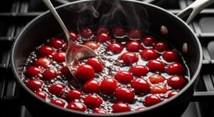 Cerejas cozinhando com açúcar e Kirsch para recheio de Bûche de Noël