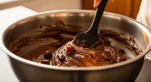 Massa marrom de Sticky Toffee Pudding sendo mexida delicadamente com pasta de tâmara