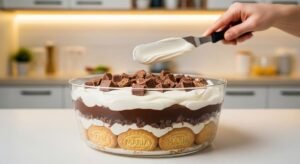 Camadas de biscoitos maisena umedecidos, creme de chocolate e bombons no Pavê Sonho de Valsa