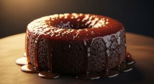 Sticky Toffee Pudding recém-assado com topo inflado e vapor subindo