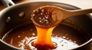 Molho de caramelo salgado borbulhando com fios grossos e flor de sal
